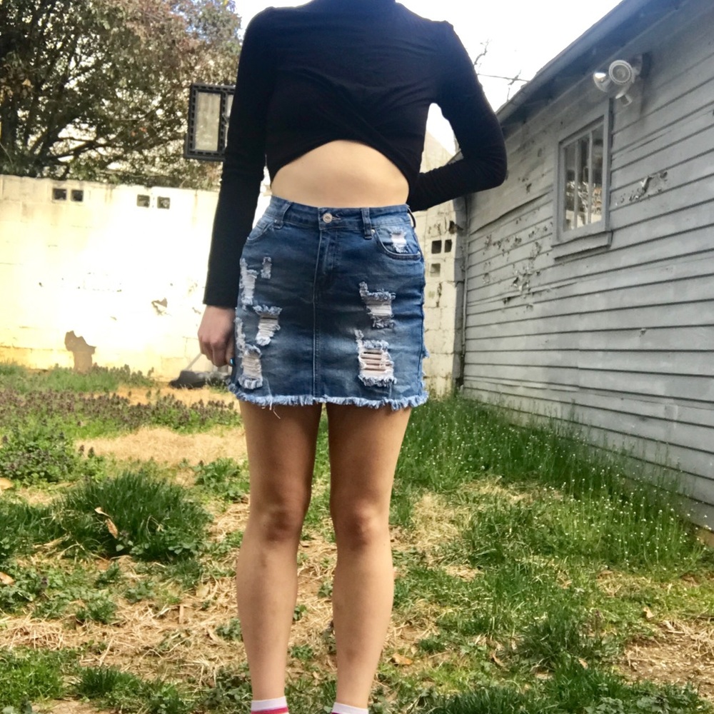 Distressed denim skirt